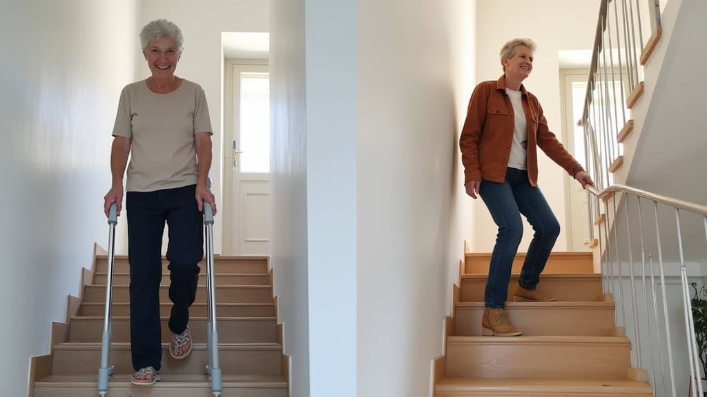 Comparaison avant-après d’un escalier à Bourbon-Lancy : avant, personne âgée avec canne sur les marches ; après, même personne en sécurité sur un monte-escalier, souriante, dans son salon