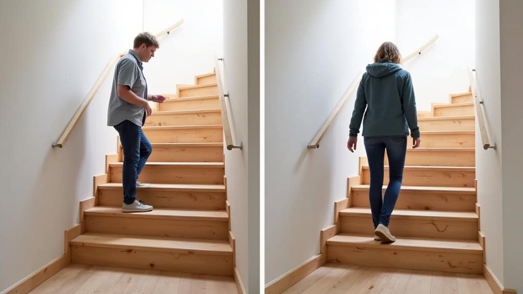 Comparaison avant-après : escalier en bois avec personne âgée en difficulté, puis avec monte-escalier et personne qui monte en toute autonomie à Brain-sur-Allonnes