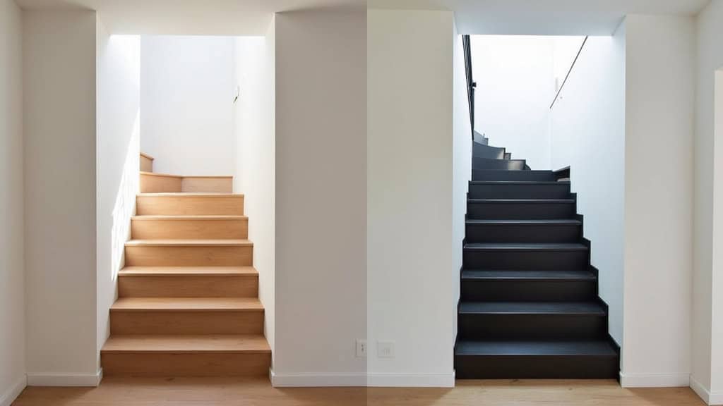 Comparaison avant-après : escalier en bois sans monte-escalier à gauche, avec monte-escalier noir discret à droite dans une maison de Bretagne-de-Marsan