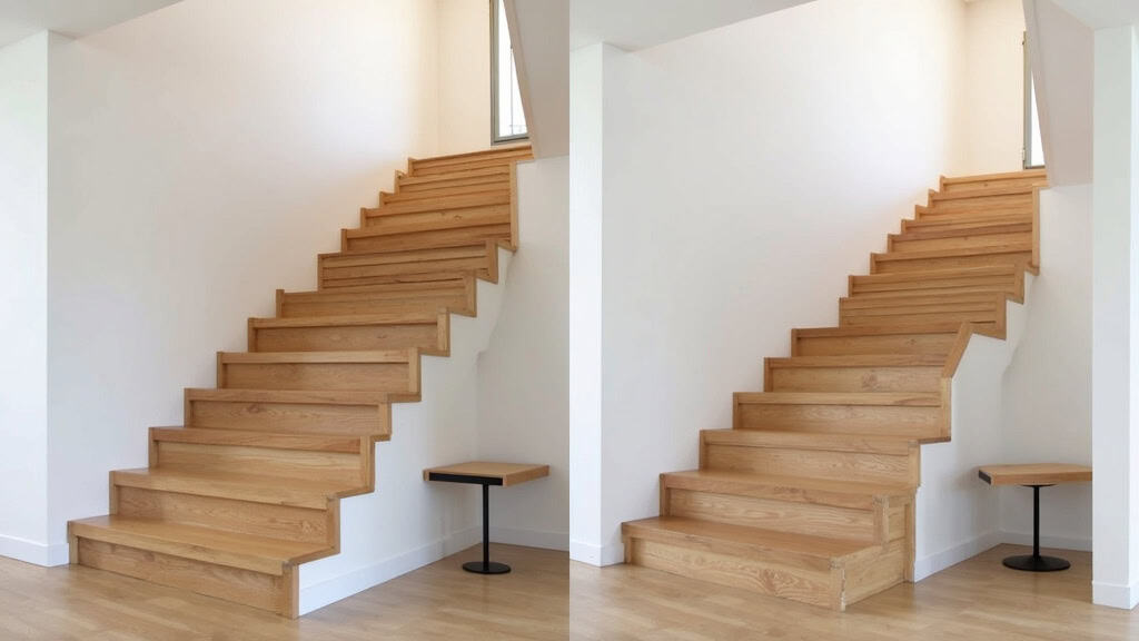 Comparaison avant/après : escalier en bois sans monte-escalier à gauche, avec siège installé à droite dans une maison de Belforêt-en-Perche