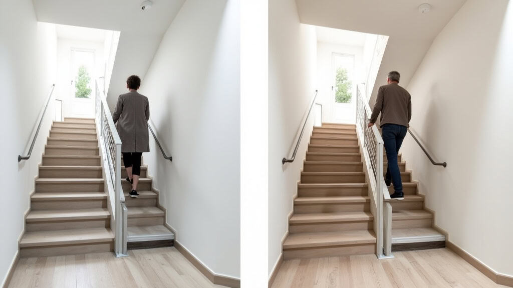 Comparaison avant/après : escalier sans monte-escalier avec personne âgée dans l