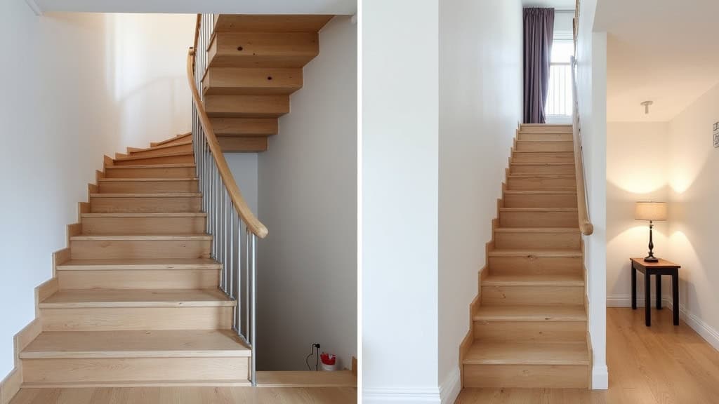 Comparaison avant-après : escalier vide avec risque de chute vs escalier avec monte-escalier discret et sécurisé dans une maison à Beauchastel