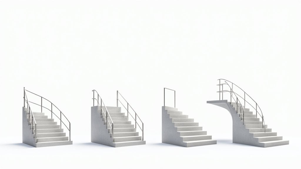 Comparaison visuelle des quatre types de monte-escalier : droit, courbe, extérieur et plateforme, adaptés aux configurations d