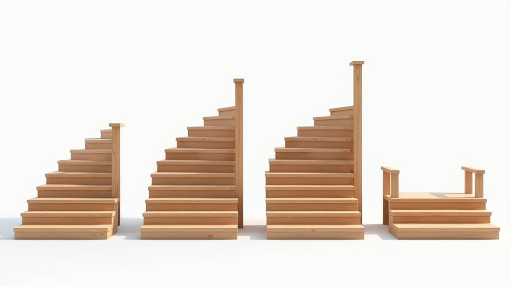 Comparaison visuelle des quatre types de monte-escaliers : droit, courbe, extérieur et plateforme sur un escalier en bois