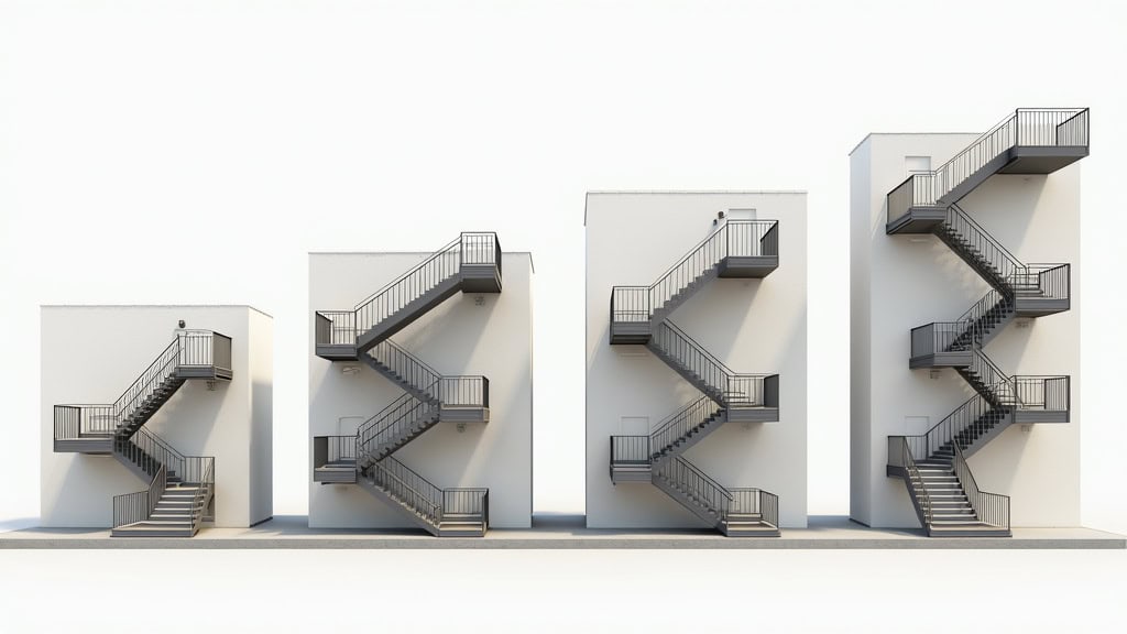 Comparaison visuelle des types de monte-escaliers : droit, tournant, extérieur et plateforme dans des logements typiques d
