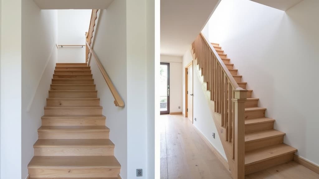 Comparatif avant-après : escalier vide dans une maison de Bruyères-et-Montbérault, puis avec un monte-escalier installé, montrant l