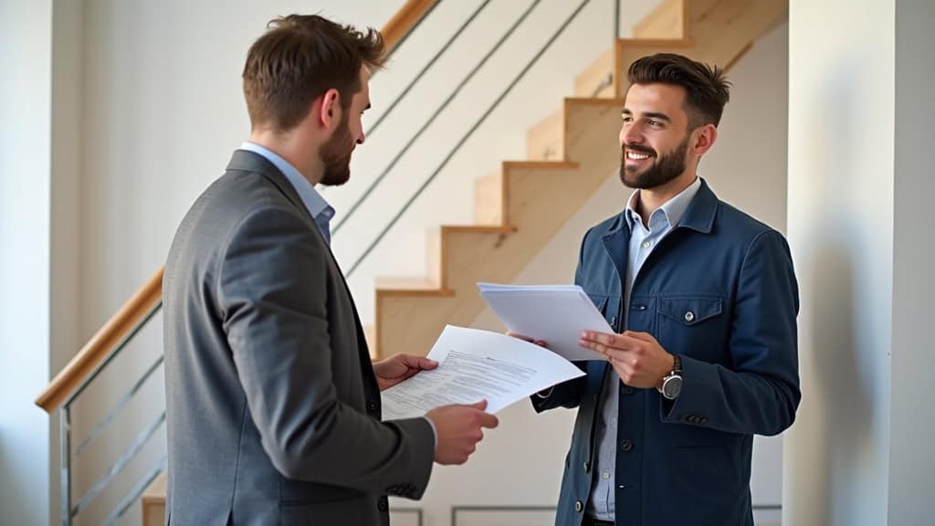 Consultation entre un client et un installateur professionnel de monte-escalier, échangeant des documents et des conseils.