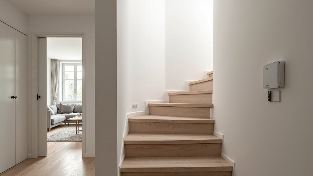 Détail du siège d’un monte-escalier courbe dans une maison de Contes, avec dossier rembourré, accoudoirs ajustables et télécommande murale