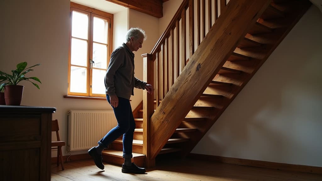 Escalier en bois ancien dans une maison typique de Schirrhein, avec une personne âgée hésitant à le monter