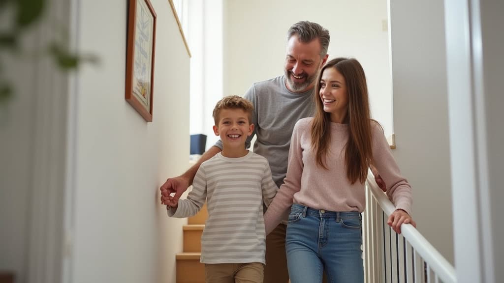 Famille avec un aîné utilisant un monte escalier, souriant dans sa maison à Bourg