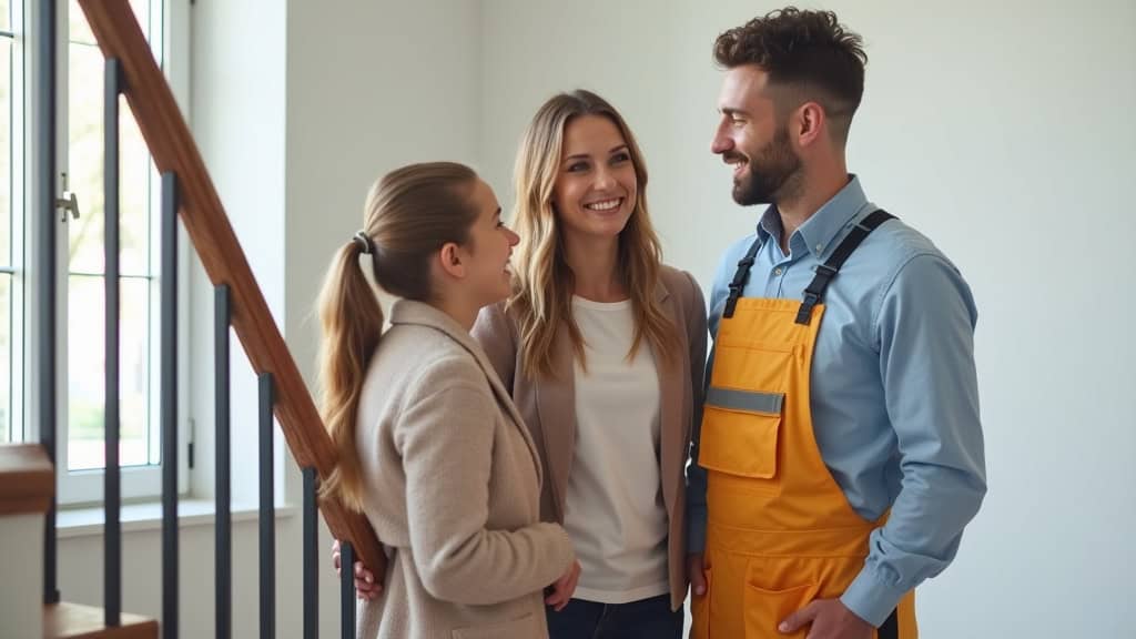 Famille discutant avec un installateur après l’installation d’un monte-escalier