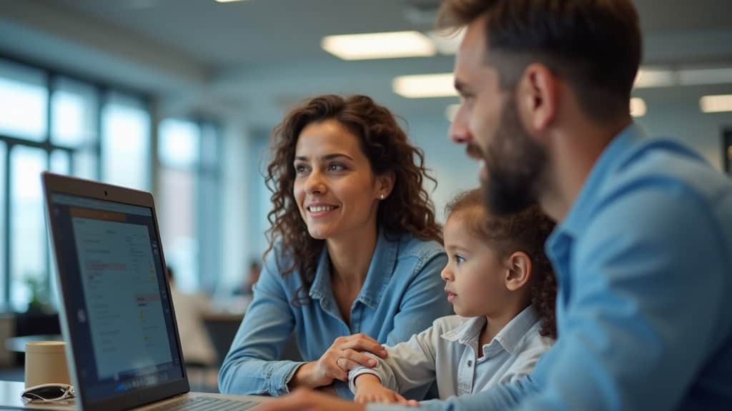Famille discutant avec un technicien lors d