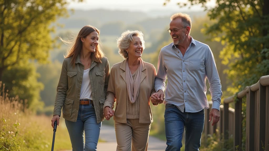 Famille et personne âgée souriante sur un monte-escalier à Vaudricourt