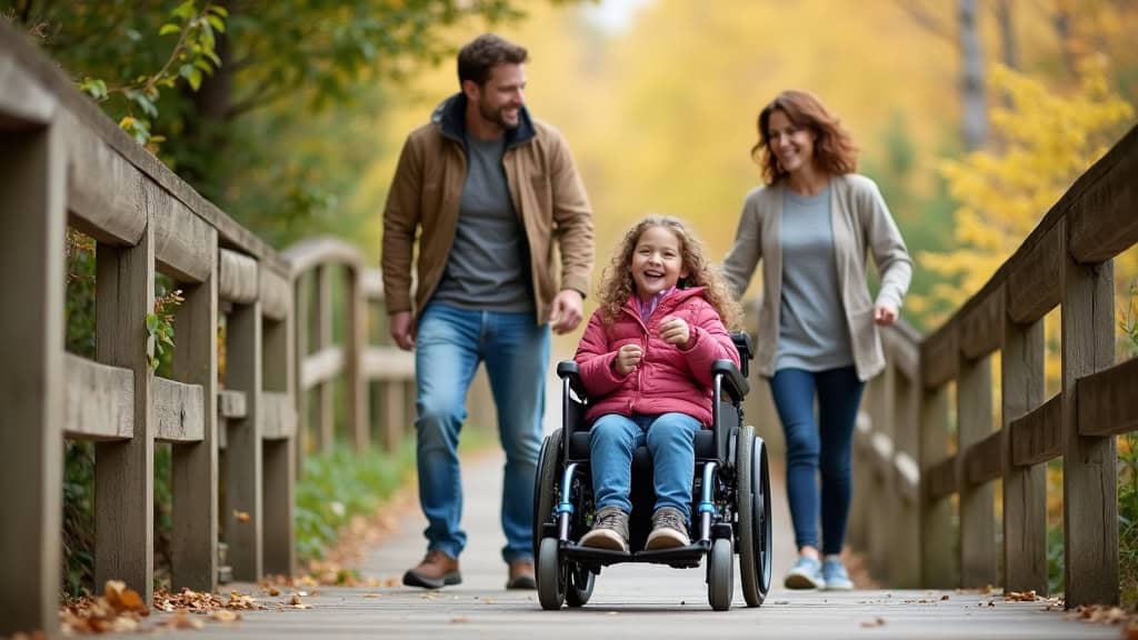 Famille heureuse avec un enfant en fauteuil roulant utilisant un monte-escalier extérieur à Bois-de-Céné