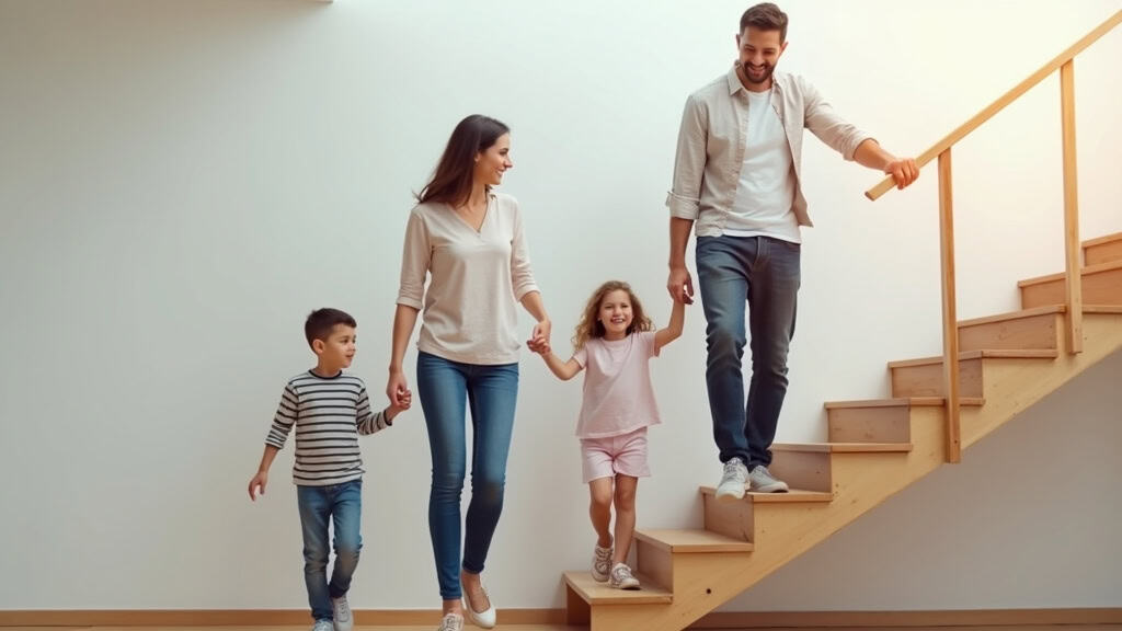 Famille heureuse avec un parent utilisant un nouveau monte-escalier