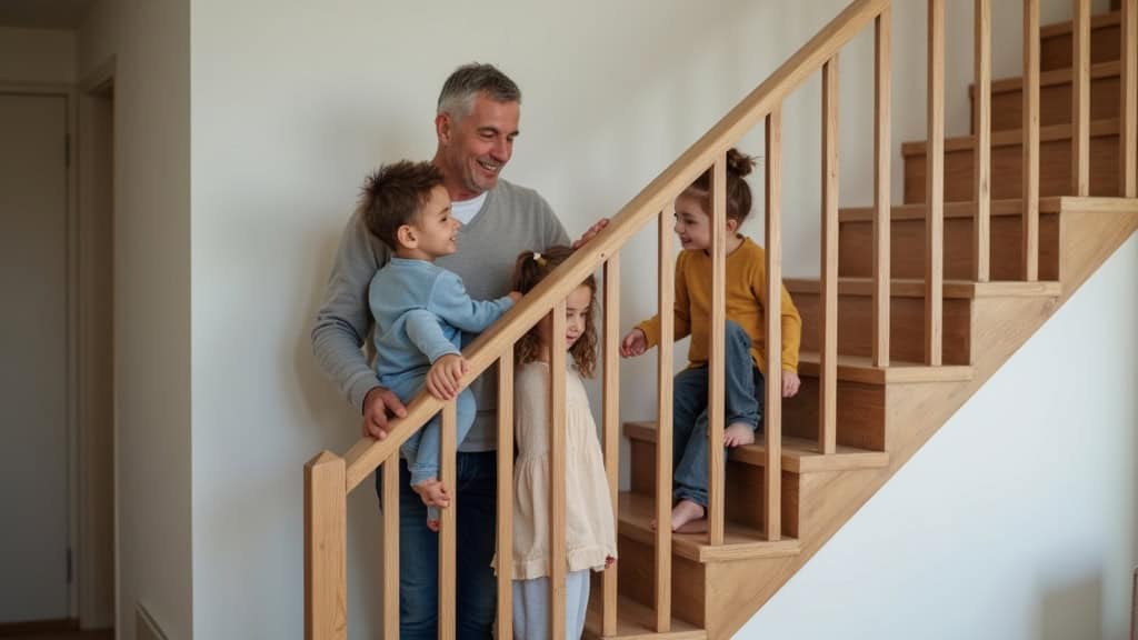 Famille réunie dans une maison de Boeil-Bezing, grand-parent utilisant un monte-escalier pour rejoindre ses petits-enfants dans le salon, sourire et ambiance chaleureuse