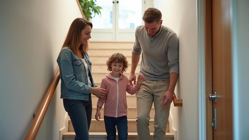 Famille souriante aidant un proche à utiliser un monte-escalier à La Garde, dans un cadre familial chaleureux