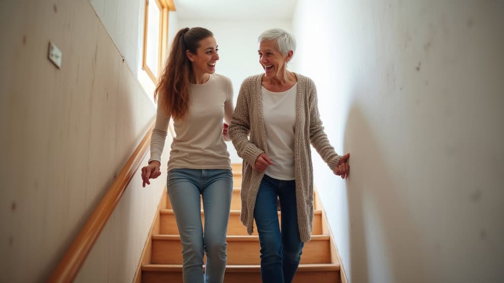 Famille souriante assiste une personne âgée qui monte les escaliers en toute autonomie grâce à un monte-escalier à Brain-sur-Allonnes, dans un intérieur chaleureux