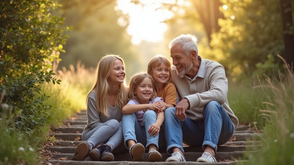 Famille souriante autour d’un monte-escalier à Beuzeville-la-Grenier, avec un grand-parent installé sur le siège et des enfants à côté