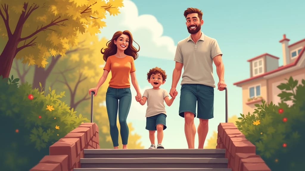 Famille souriante avec un aîné utilisant son monte-escalier à Salouël