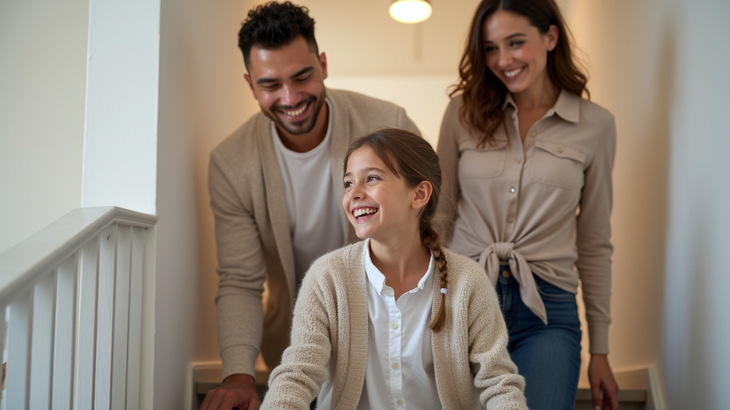 Famille souriante avec un aîné utilisant un monte-escalier dans sa maison à Saint-Brandan