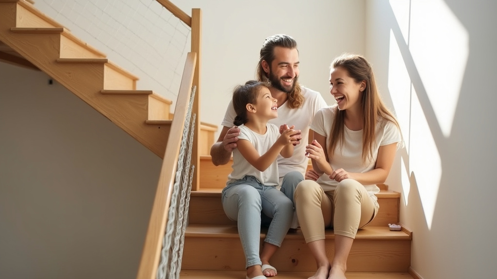 Famille souriante avec un monte-escalier tournant installé dans un escalier en colimaçon
