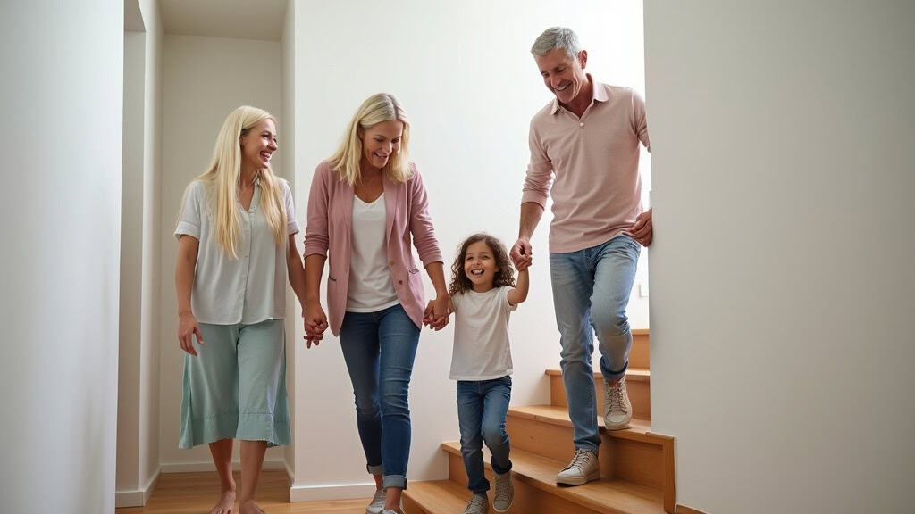 Famille souriante, grand-parents et enfants, en train de monter ensemble des escaliers avec un monte-escalier installé dans une maison de Courtry