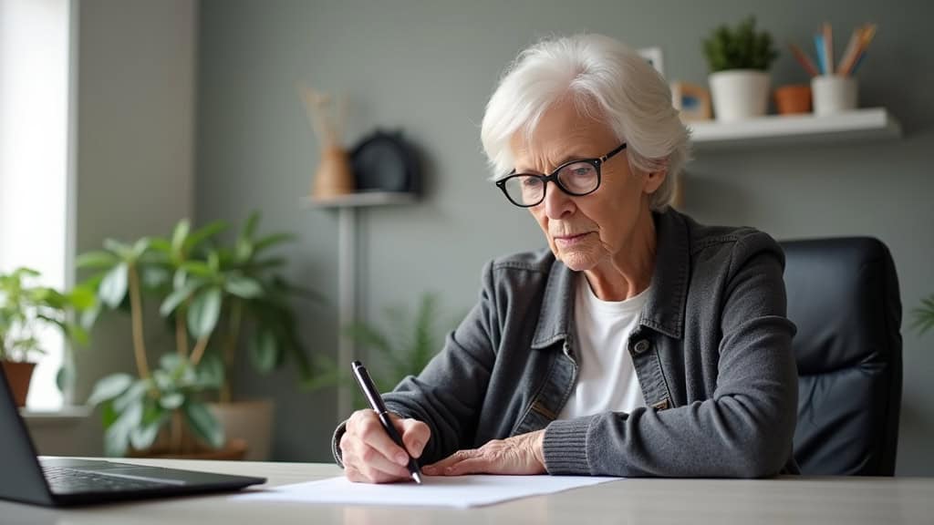 Femme âgée de 72 ans en train de signer un dossier d