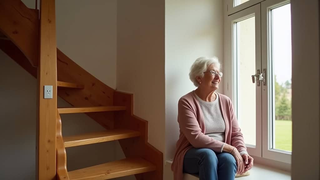 Femme âgée souriante installée sur un monte-escalier droit en bois, regardant par la fenêtre de sa maison à Beauquesne