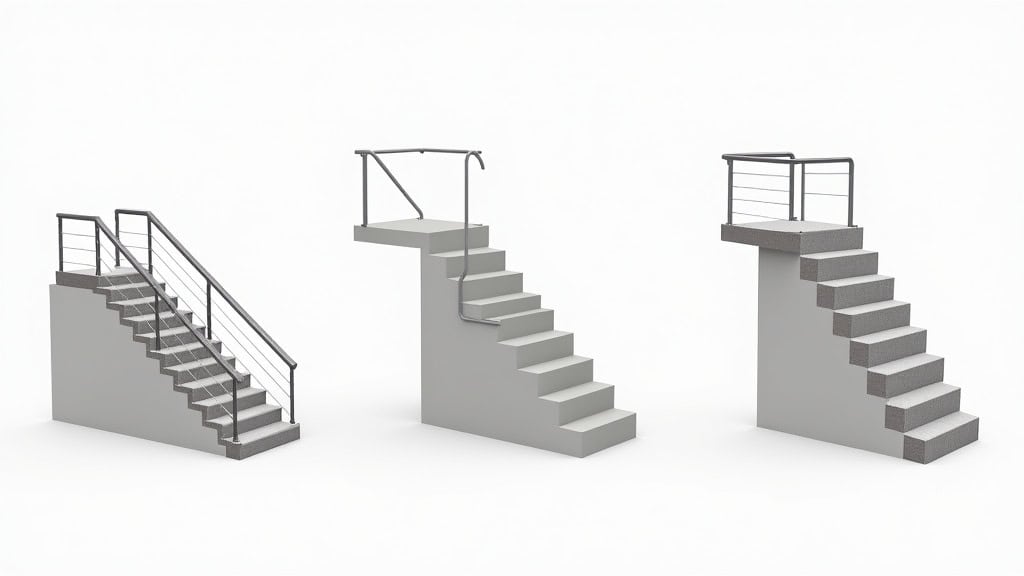 Illustration des différents types de monte-escaliers : droit, tournant, et extérieur, montrant leur adaptation aux diverses configurations d