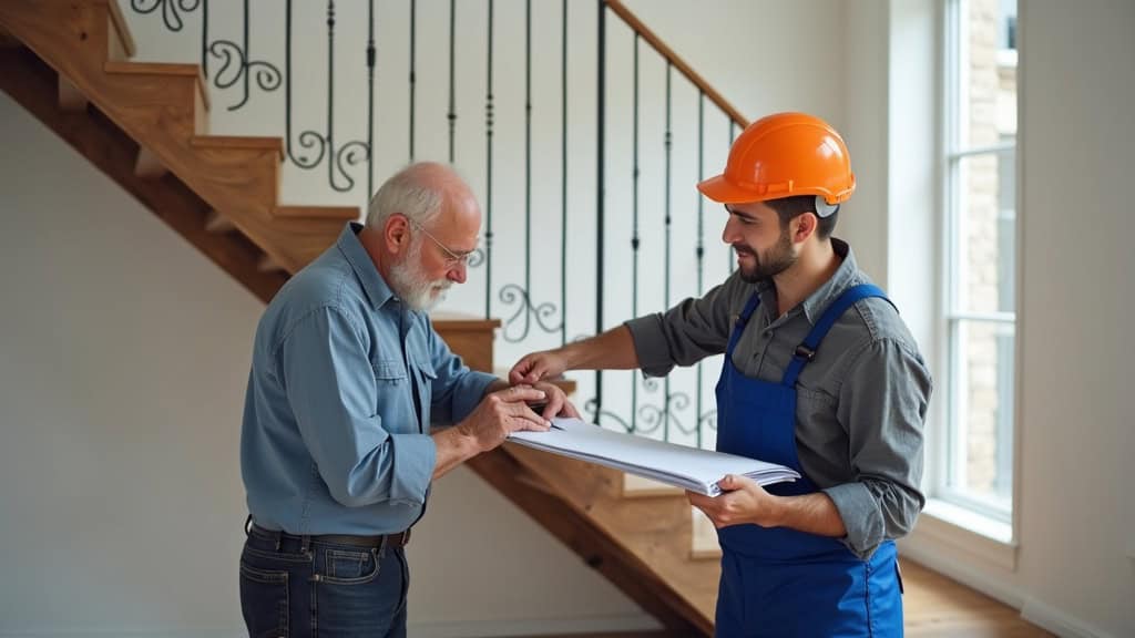Installateur professionnel à Arthaz-Pont-Notre-Dame présentant un monte-escalier en démonstration à un client âgé, avec plan de pose à la main