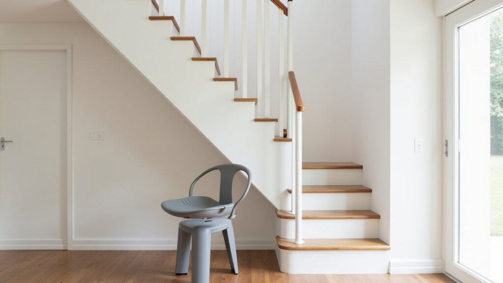 Installation d’un monte-escalier tournant dans une maison traditionnelle à Bonrepos-sur-Aussonnelle, avec rail blanc et siège gris sur escalier en bois