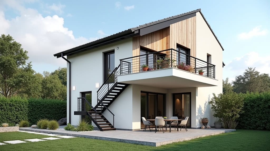 Maison traditionnelle à Riom avec monte-escalier extérieur en aluminium et jardin en pente