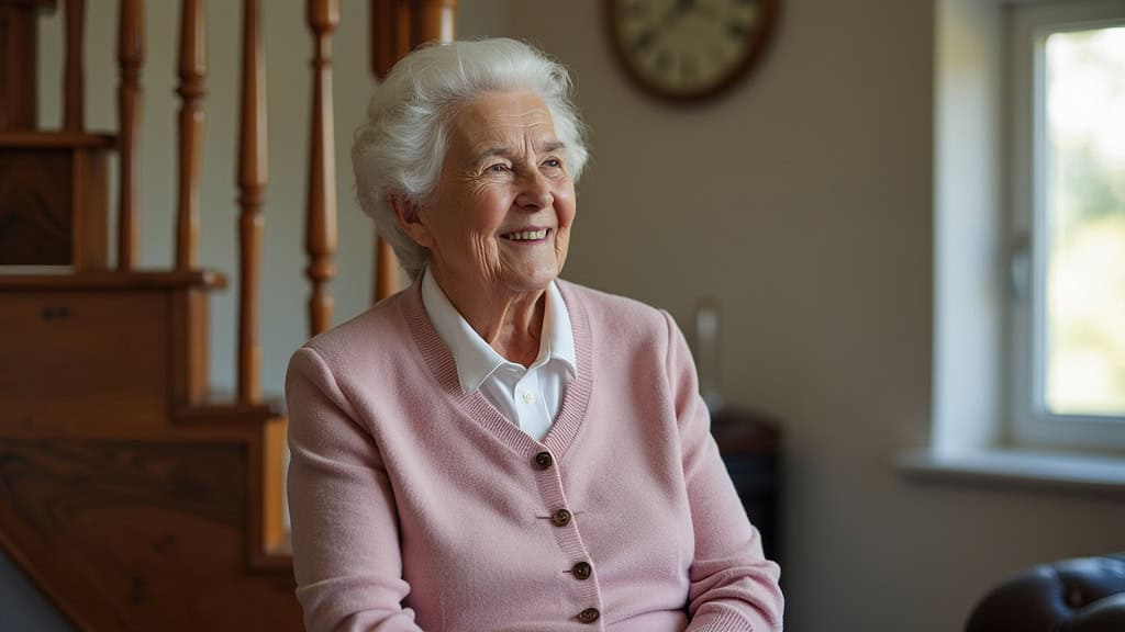 Marie, 78 ans, souriante, assise sur son monte-escalier dans son salon d