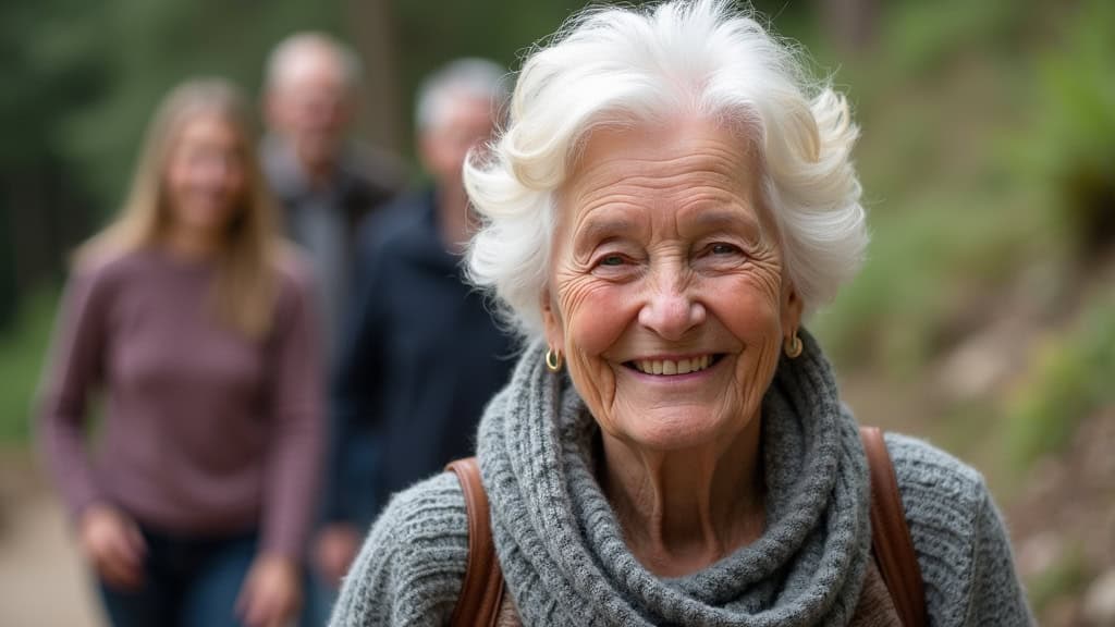 Mme Dubois, 78 ans, souriante sur son monte-escalier à Biol, entourée de sa famille lors d