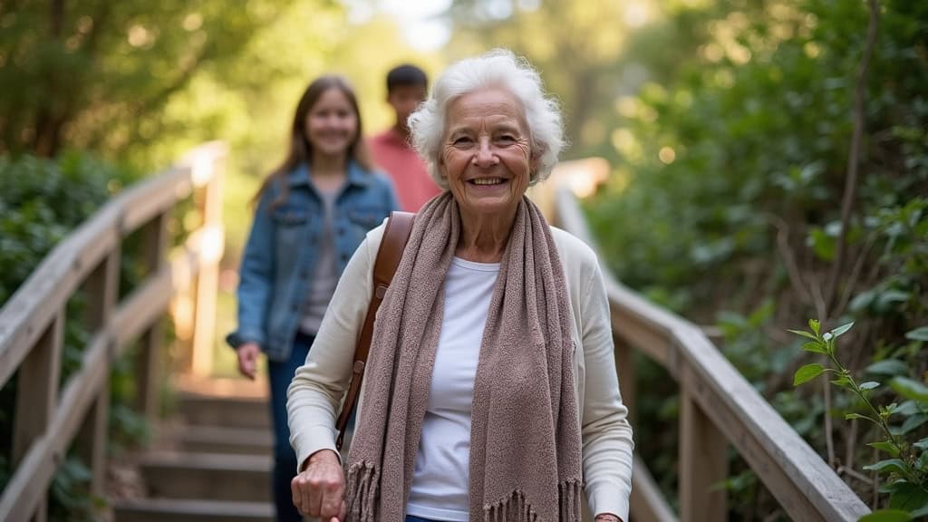 Mme Durand, 78 ans, utilisant son monte-escalier courbe à Beaumont-lès-Valence avec un sourire, entourée de ses petits-enfants