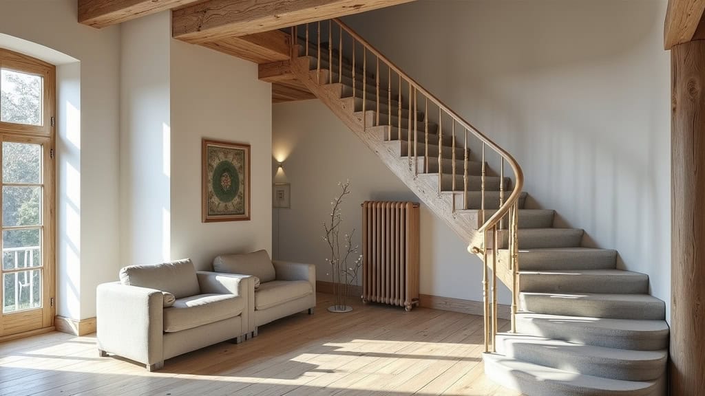 Monte-escalier tournant en cours de fonctionnement dans une maison de Biéville-Beuville