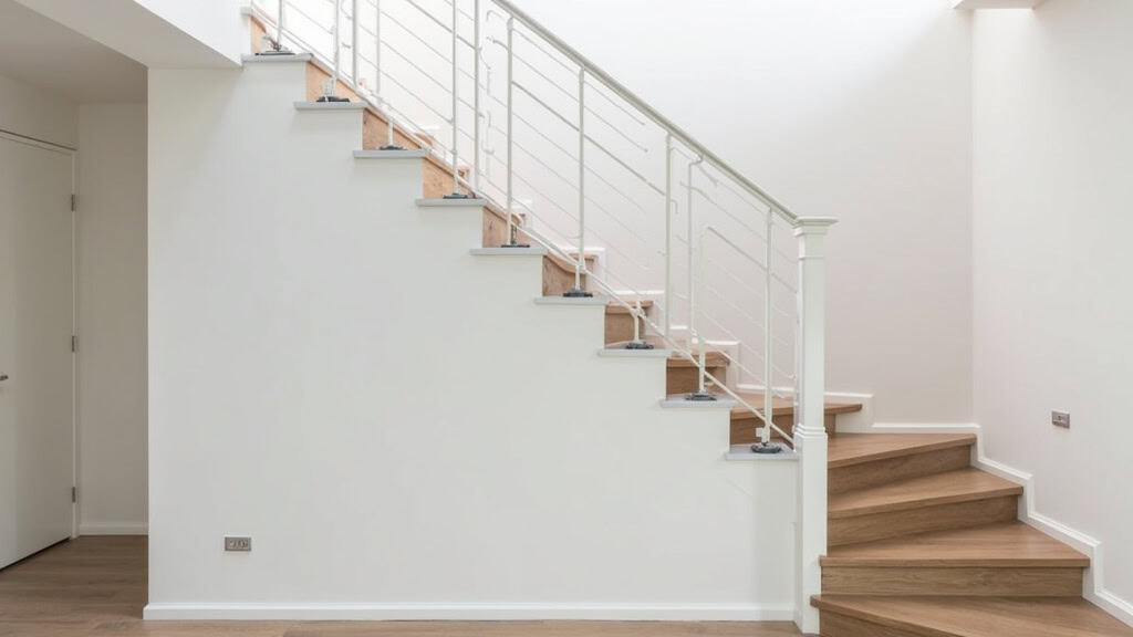 Monte-escalier droit installé dans une maison traditionnelle à Broons, avec rail blanc et siège gris intégré discrètement sur les marches