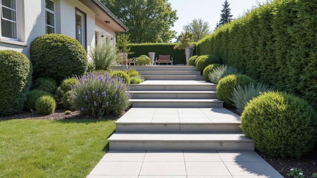 Monte-escalier extérieur installé sur un escalier de jardin à Rillieux-la-Pape, résistant aux intempéries et intégré discrètement.
