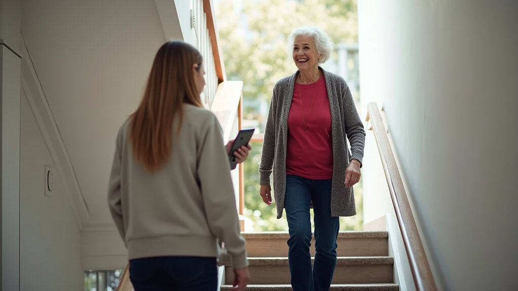 Personne âgée utilisant un monte-escalier courbe à Rillieux-la-Pape, souriante, en sécurité, avec une télécommande dans la main.