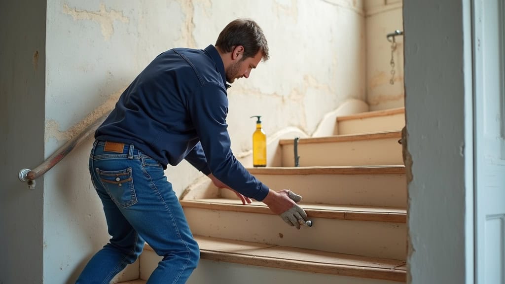 Technicien mesurant un escalier en colimaçon à Saint-Pathus pour l