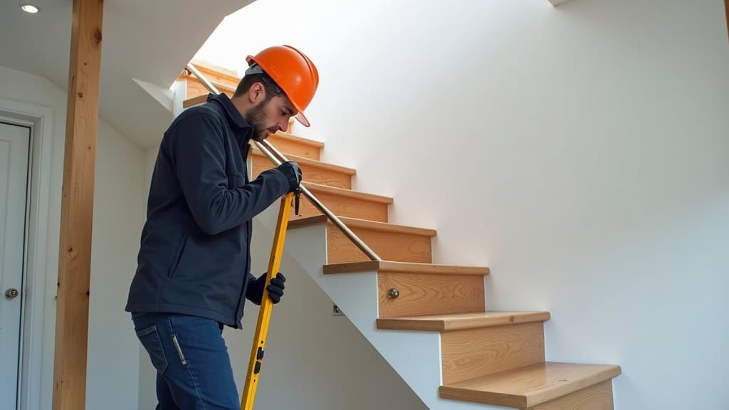 Technicien en train de mesurer un escalier à Villematier pour un devis de monte-escalier