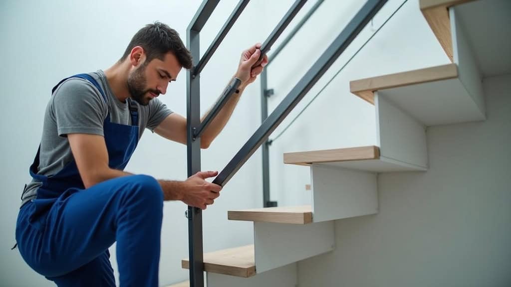 Un technicien spécialisé installe méticuleusement un rail de monte-escalier sur les marches d