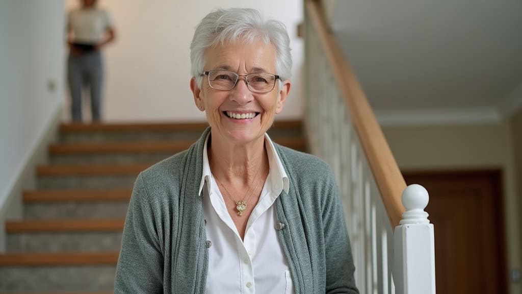 Une femme âgée souriante et sereine utilise son monte-escalier confortable pour monter les marches de sa maison à Andlau, symbolisant l