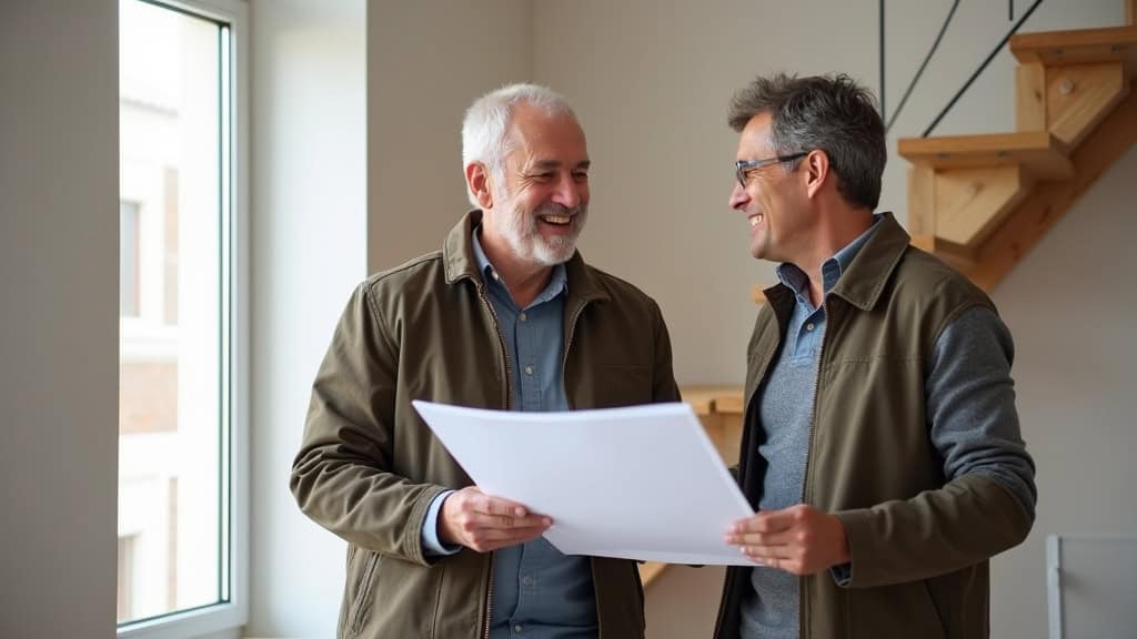 Personne âgée souriante discutant avec un professionnel pour un devis de monte-escalier à Andres, montrant des plans.
