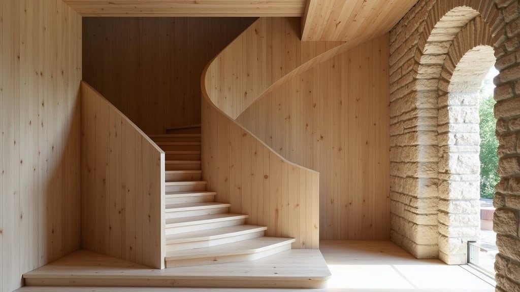 Monte-escalier tournant en bois clair intégré dans un escalier ancien d