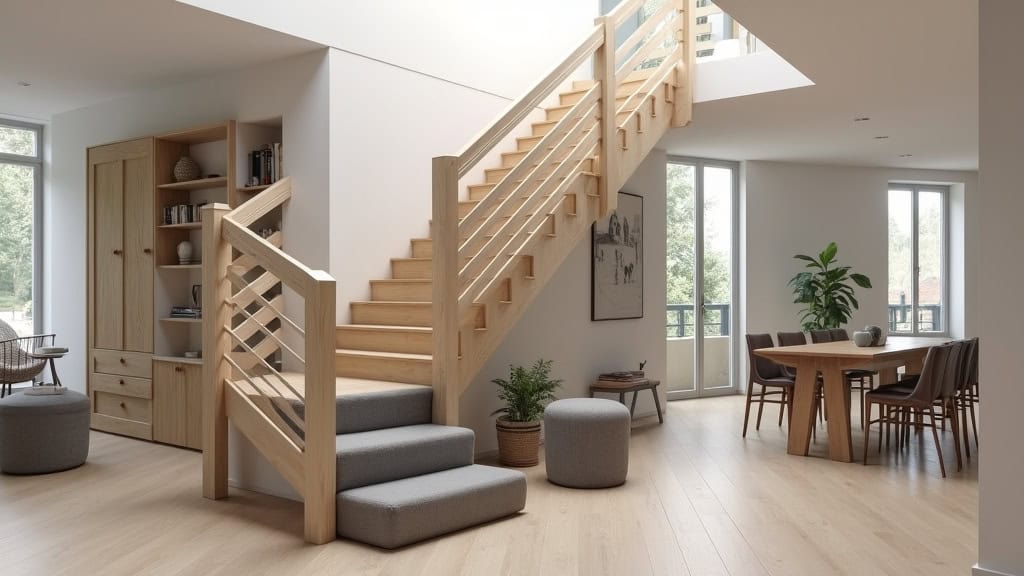 Monte-escalier avec rail en bois clair et siège en tissu gris, intégré harmonieusement dans une salle de séjour d