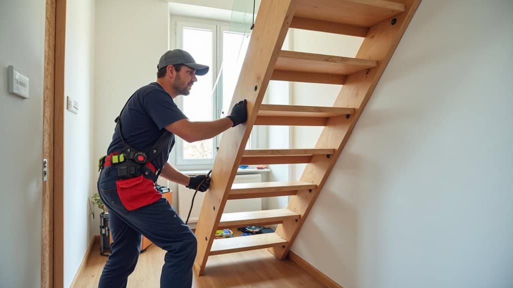Technicien en train d’installer un monte-escalier dans une maison à Avèze