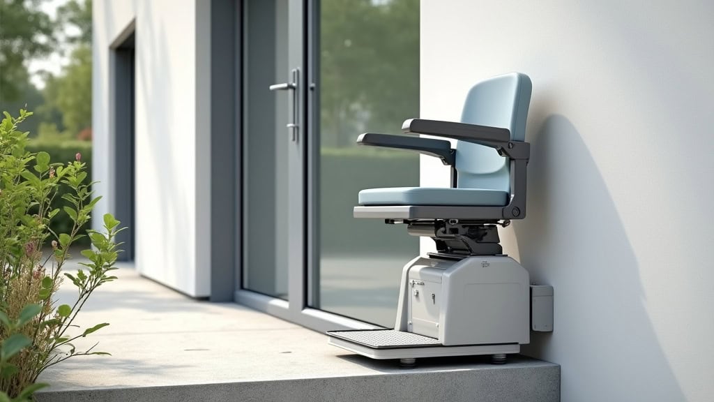 Plateforme élévatrice pour fauteuil roulant installée sur un escalier extérieur en béton à Beautheil-Saints