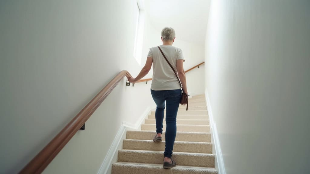 Personne âgée utilisant un monte-escalier tournant pour monter à l